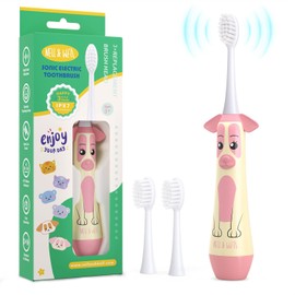 NELL&WELL Kids Electric Toothbrush, 2-Min Timer, 3 Modes with Memory, IPX 7 Waterproof, Battery Powered Kids Toothbrush with 3 Soft Bristles Heads for Children Boys Girls Ages 3+ - Pink Dog II