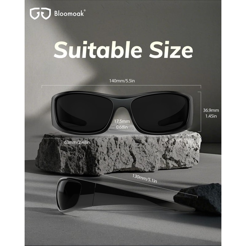 Bloomoak Super Dark Lens Black Polarized Sunglasses|Wrap Around Sport Sunglasses|UV400|CAT