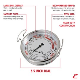Escali AHG2 Stainless Steel Extra Large Direct Grill Surface Thermometer, Searing Temperature Zones 100-600F Degree Range