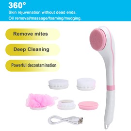 Eléctrico Cepillo Ducha Espalda, Cepillo de baño eléctrico 6 Engranajes Juego de Cepillos de Baño Ajustables para Cuerpo Cepillo Ducha Depurador Espalda Largo Masaje Cepillo Limpieza Corporal(Rosa)