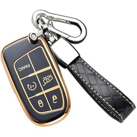 Cacacar Key Fob Cover for Jeep with Leather Keychain, Premium Soft TPU Key Fob Case for Jeep Challenge Grand Cherokee Wrangler Compass (Black)
