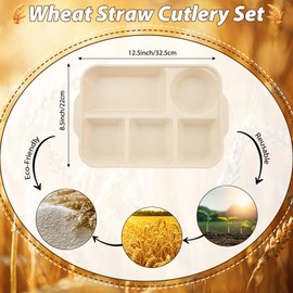 Pinkunn 8 Pcs 13'' Large Divided Plates Unbreakable Wheat Straw Dinnerware Lunch Trays Lightweight Reusable Plastic Compartment Microwave Dishwasher Safe Separator Plates(Stylish)
