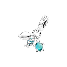 Fish, Sea Turtle & Conch Triple Dangle Charm 925 Sterling Silver Pendant,Jewelry Bead Gift for Women Bracelet&Necklace