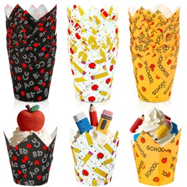Whaline 180Pcs Back to School Tulip Cupcake Liners Muffin Baking Cups ABC Apples Pencil Stripe Cupcake Wrappers for Party Supplies Table Decor