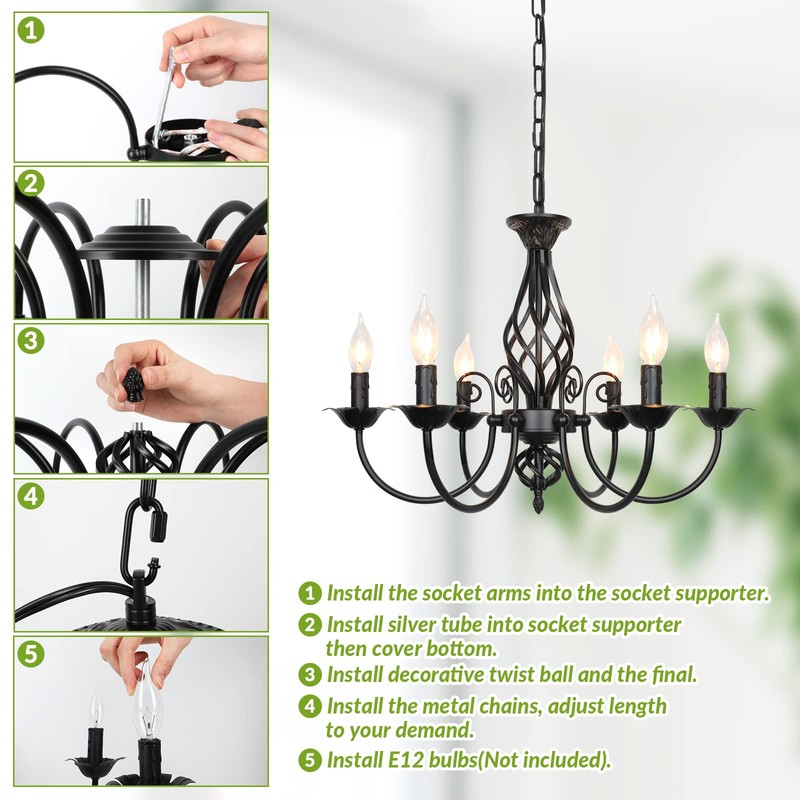 6-Light Farmhouse Candle Chandelier for Living Room, Rustic Industrial Pendant