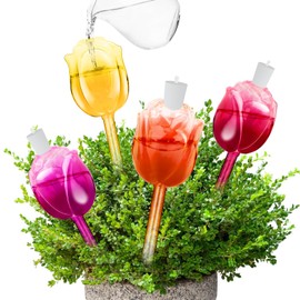 4Pcs Iridescent Self Watering Globes for Water Plants While Away, Vacation Plant Watering Devices, Decorative Planter Inserts Indoor/Outdoor, Rose Flower Water Bulbs Made From Hand-Blown Glass, 100ML