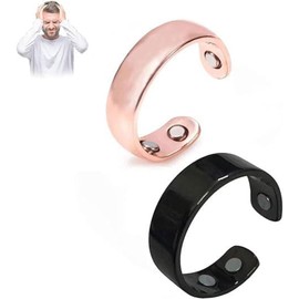 KOFISNI Auvulis Migraine Rings for Women Men Lymphatic Vitality Magneti Fatigue Relief Rings Stainless Steel Adjustable Rings (Black+Rose Gold)