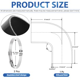 Glarks 90 Degree Elbow Silicone Hose, 2inch(51mm) ID 5.2inch(133mm) Length 4-Ply Reinforced High Performance Silicone Hose with 2Pcs 46-70MM Stainless Steel T-Bolt Clamp