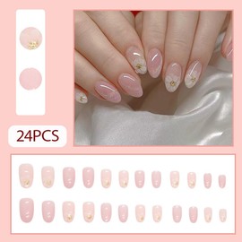 24Pcs Gowabory Nail Press ons, Short Almond Press on Nails Oval Girls Fake Nails with Light Pink Quicksand Cute Flowers Design, Artificial False Nails Press On Stick On Nails for Women