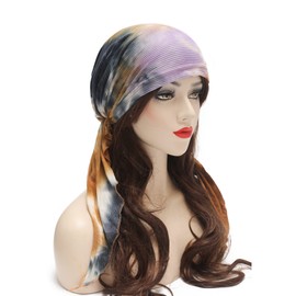ZLYC Women's Chemo Turban Hat Pre-Tied Headscarf Headwraps Lightweight Hat, Tie Dyed Khaki Purple