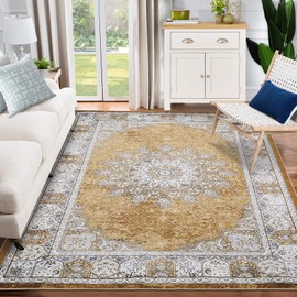 GarveeHome 8x10 Area Rugs, Washable Rug for Living Room, Floral Print Rug, Vintage Rug Distressed Indoor Traditional Mat, Foldable Thin Rug, Non Slip Carpet for Bedroom, Dining Room, Home Office