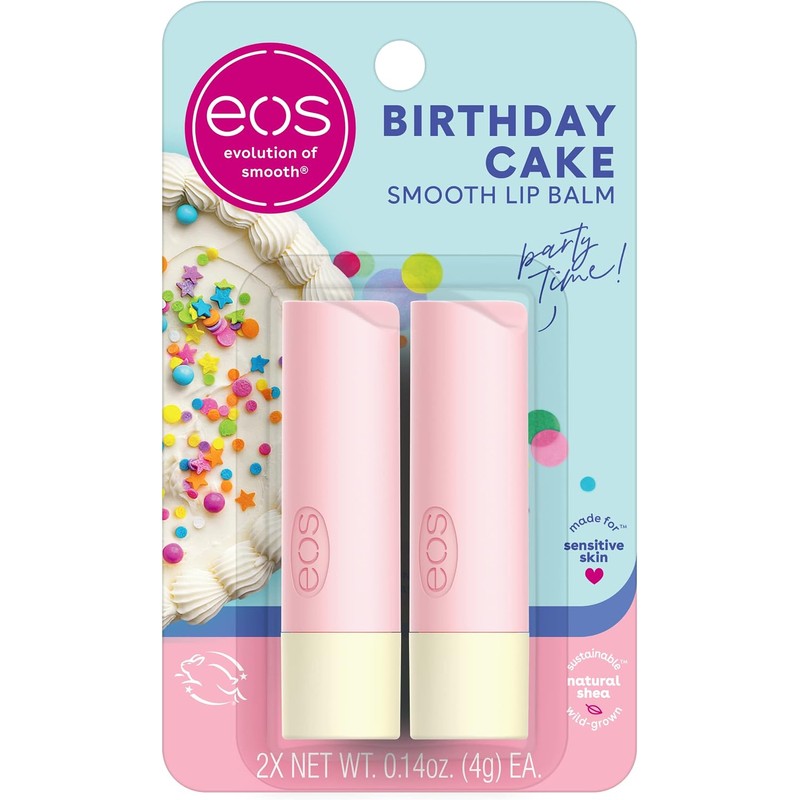 Bálsamo labial eos Natural Shea Birthday Cake – Hidratación 24h,