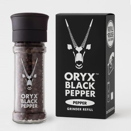 Oryx Black Pepper Grinder & Refill Box Combo - 3.52oz/8.8oz - Premium Whole Black Peppercorns from Madagascar, Fresh Naturally Organic, Refillable +20x Pepper Grinder - Ideal for Home Cooking & Dining