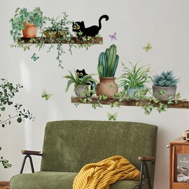 wall sticker decoration cute black cat green plant flower potted plant shelf stylish wallpaper removable wall sticker DIY decor living room bedroom kids room wall art boys girls room wallpaper rental