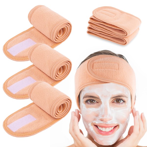 Whaline Spa Facial Headband 4 Packs Head Wrap Terry Cloth Headband Adjustable Stretch Towel for Bath, Makeup and Sport (Living Coral)
