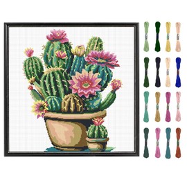 FREEBLOSS Cross Stitch Set with Cactus Stamp, Cross Stitch Wall Hanging for Adults with Instructions Pure Cotton Cloth for Beginners 45 x 45 cm Without Frame