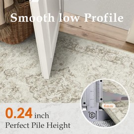 PureCozy 8x10 Area Rug Beige Washable Living Room Bedroom Carpet Vintage Distressed Large Non Slip Low Pile Thin Dining Room Office Medallion Accent Throw Rug