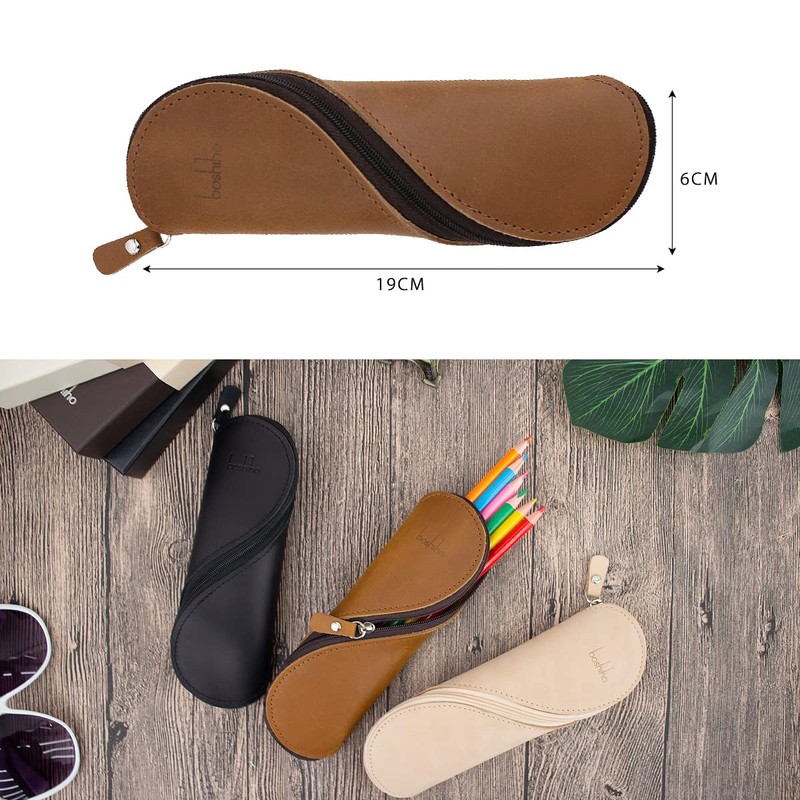 Boshiho Pen Case, Genuine Leather, Pencil Case, S-Shaped Zipper, Glasses
