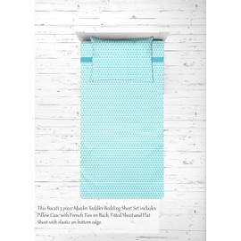 Bacati - 100% Cotton Muslin Tribal/Aztec 3 Piece Boys Toddler Bed Sheet Set Includes Fitted Sheet, Top Sheet, and Pillow Case (Aqua Small Triangles)