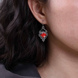 Atentuyi Gothic Vintage Dangle Earrings Silver Red Crystal Square Hook Earrings Boho Tribal Drop Earrings Antique Gypsy Ethnic Enamel Retro Earrings Jewellery for Women and Girls