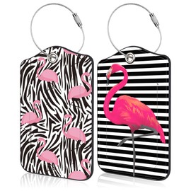 Mazumbuy Set of 2 Luggage Tags for Suitcase Pink Flamingos Leather Baggage Tags Set with Stainless Steel Loop Name Address Labels Privacy Cover for Men Women Travel Bag Suitcase, 4.6 x 2.7 inch