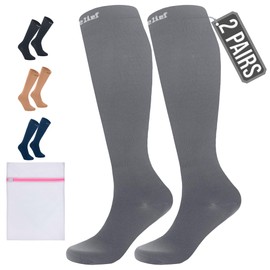 360 RELIEF 2 Pairs Compression Socks for Women & Men - 15-20 mmHg Compression Stocking Best Support for Running, Nurse, Travel, Flying, XXL, Grey + Laundry Bag