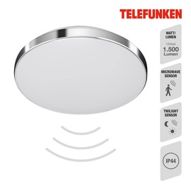 Telefunken - LED ceiling light, incl. motion sensor, ceiling light with daylight sensor, neutral white light colour, continuous light function, 16 watts, 1,500 lumens, white/chrome, diameter 29 cm
