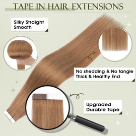 Benehair Tape-In Real Hair Extensions, Invisible Tape Extensions, Real Hair, 20 Pieces, 30 g, Remy Natural Tapes, 50 cm, Light Brown #6