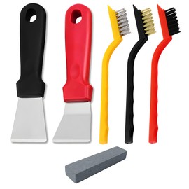 JXPXJMY 5PCS Cleaning Tool Set Including 2 Scrapers and 3 Brushes, Stainless Steel Multifunctional Scraper with Sharpening Stone for Stove Cookware Oven Floor Drain Refrigerator (Red/Black)