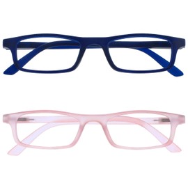 OPULIZE Ted Reading Glasses 2 Pack Narrow Matt Lightweight Frame Navy Blue Transparent Baby Pink Spring Hinges Scratch Resistant Mens Womens RR17-34 +2.50