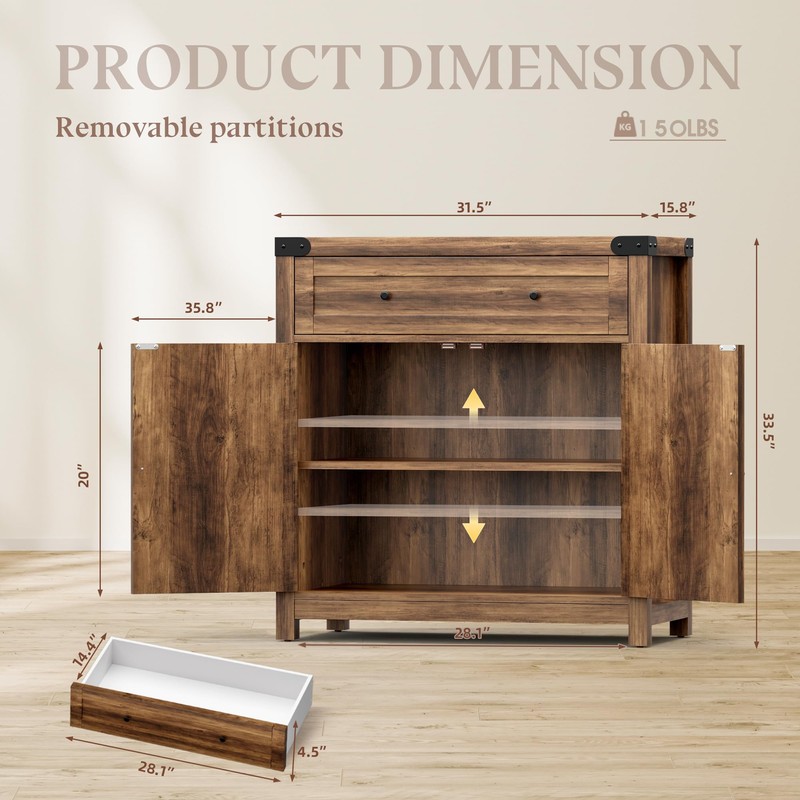 YESHOMY Coffee Bar and Accent Cabinet, Farmhouse Barn Door Buffet