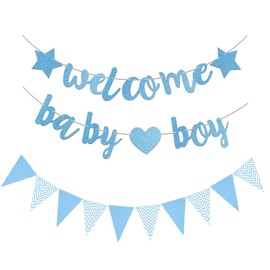 Welcome Baby Boy Banner, Blue Glitter Paper Flags for Baby Shower Decorations, Boys 1st Birthday Party Supplies, Gender Reveal Bunting Flag (blue)