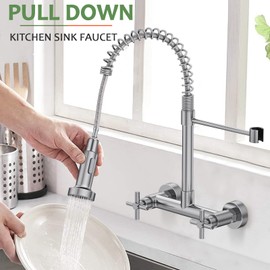 Wall Mount Faucet, Hurran Kitchen Faucet, 8 Inch Utility Sink Faucet with 2 Functions Sprayer, Commercial Kitchen Sink Faucet Dual Handles for Laundry Room Restaurant Compartment Sink (Brushed Nickel)