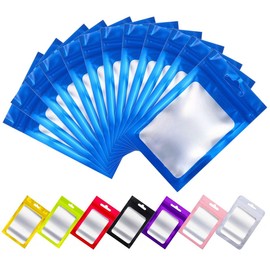 Rimiko 150pcs Resealable Sample Bags with Clear Window, Ziplock Mylar Bags with Hanging Hole, Aluminum Foil Bags for Packaging, Retail, Food and Items Storage (Blue, 3.0"x4.7")