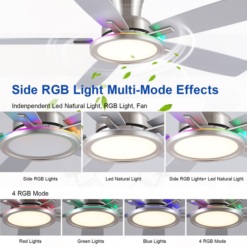 BYKISTOK 52" RGB Ceiling Fan with Light and Remote/App -