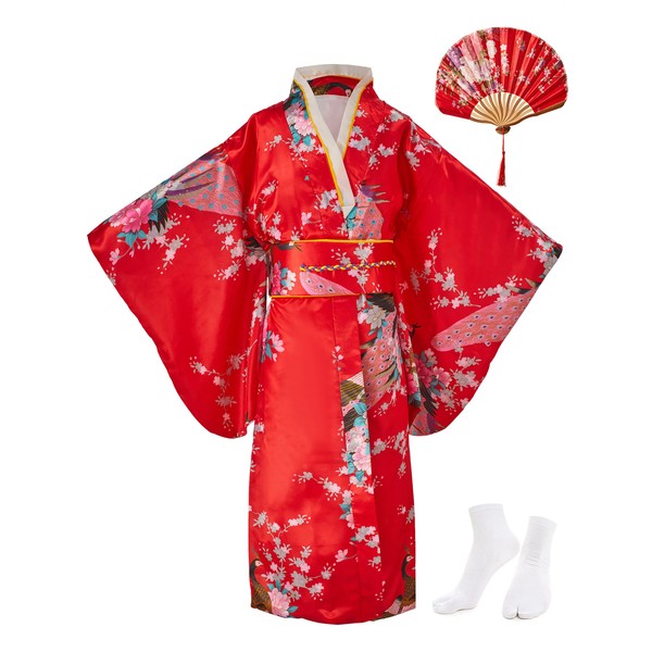 KRUIHAN Children Yukata Old Japanese Style – Girl Kimono Kids Traditional Clothing Silk Fabric Dressing Gown Wedding Party Performance Dress, Red-set