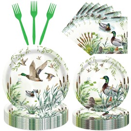One Lucky Duck Party Supplies - 96PCS Mallard Duck Plates and Napkins Tableware Set Includes 9'' Plates 7'' Plates Napkins Forks Duck Hunting Themed Baby Shower Party Supplies Serves 24 Guests