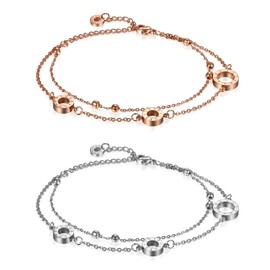 OIDEA Women's Double Chain Bracelet: Layered Bracelet Anklet Love Heart Charms Anklet Beads Bead Chain Wrist Bangle Jewellery Gift for Women Mother Girlfriend, Stainless Steel, without stone