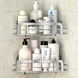 STEUGO corner shower caddy, Bathroom shower corner shelves, Adhesive Wall Mounted shower caddy corner with 4 Movable Hooks, SUS304 Stainless Steel Bath Storage Shower Organizers, 2 Pack