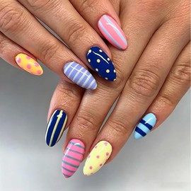 Colorful Press on Nails Almond Medium - Polka Dot Fake Nails with Curve Line Designs Rainbow Blue Nails Press ons Neon Acrylic Glue on Nails Reusable Stick on Nails for Women 24Pcs Manicure Kit