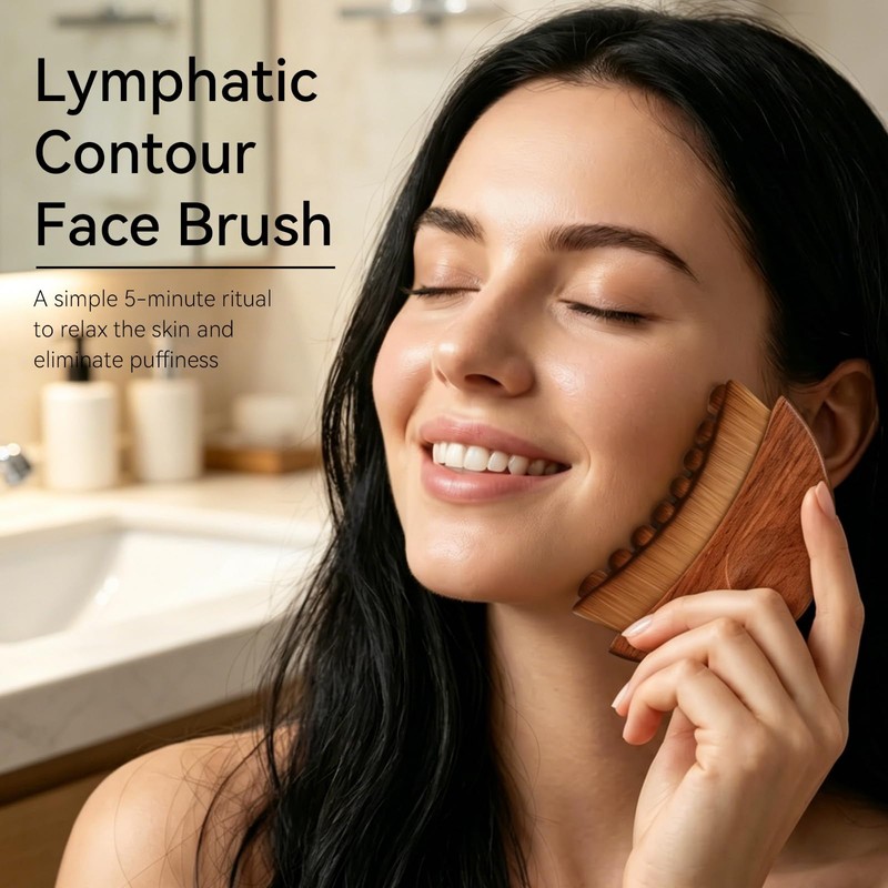 100% Wood Handle Lymphatic Contour Face Brush Stainless Steel Facial