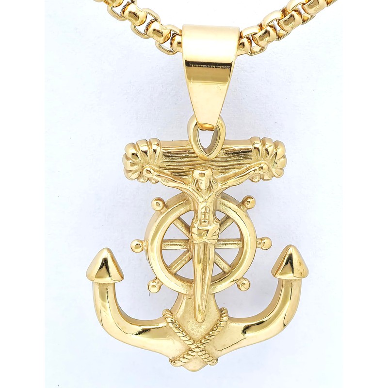 JAJAFOOK Men's Stainless Steel Silver Nautical Anchor Jesus Cross Necklace