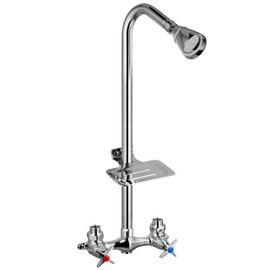 Aolemi Outdoor Shower Kit,Outdoor Shower Fixtures Faucet System with Brass Showerhead,Double Handle Exposed Shower with Brass Mix Valve,6 Inch Center with Soap Dish,Pipe Upward,Polish Chrome