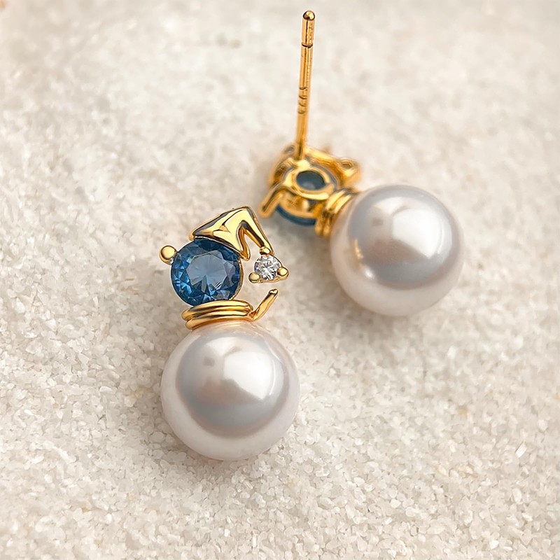 Pearl Stud Earrings for Women 18K Gold Plated Blue Zirconia