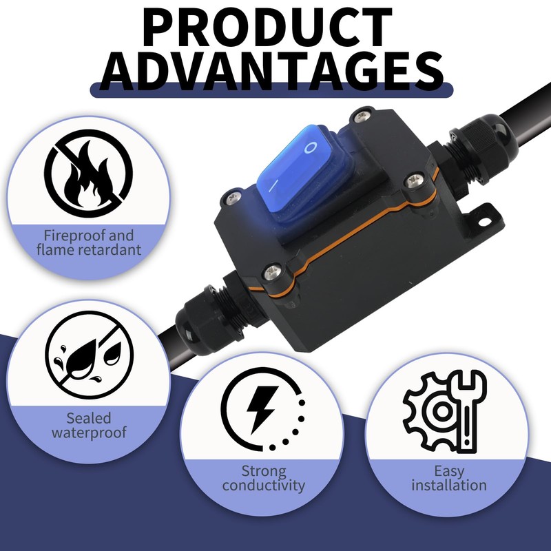 Jecdfs Inline Cable Switch Waterproof Rocker Switch DPST 20A-12VDC/16A-24VDC/20A-125VAC/16A-250VAC IP66