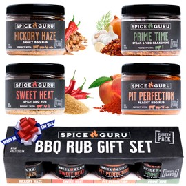 Spice Guru BBQ Rub Set - 4 Flavor BBQ Seasoning/Rubs Great FathersDay Gifts for Dad or Husband - Grilling Gifts for Men - Birthday Gift for Men - Barbecue Grilling Accessories - Meat Seasonings