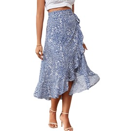 LYANER Women's Boho Floral Print Wrap Front Self Tie Knot Ruffle Hem Slit Midi Skirts Zebra Blue X-Large
