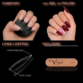 By Vixi 600 Long Oval Nails with Preparation File, 10 Sizes - Clear Express Fingernail Extensions, Full Coverage. For Professionals & Home Use