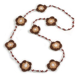 Avalaya Handmade Brown/Camel/White Floral Crochet Cinnamon Brown/White Glass Bead Long Necklace/Lightweight - 100cm Long