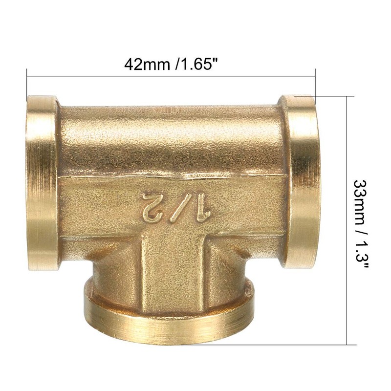 sourcing map Brass Tee Pipe Fitting 1/2 PT Female Thread